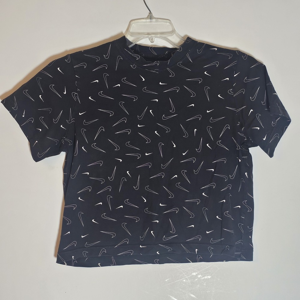 Nike Shirt Girls Large Black Swoosh Logo‎ Allover Print Tee Casual Graphic